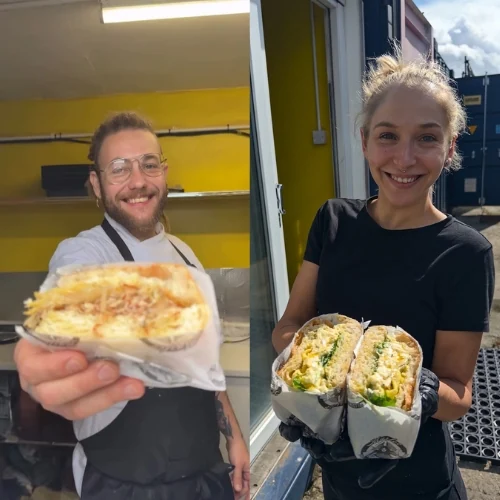 Maria and Leonardo serving focaccia at Marleo